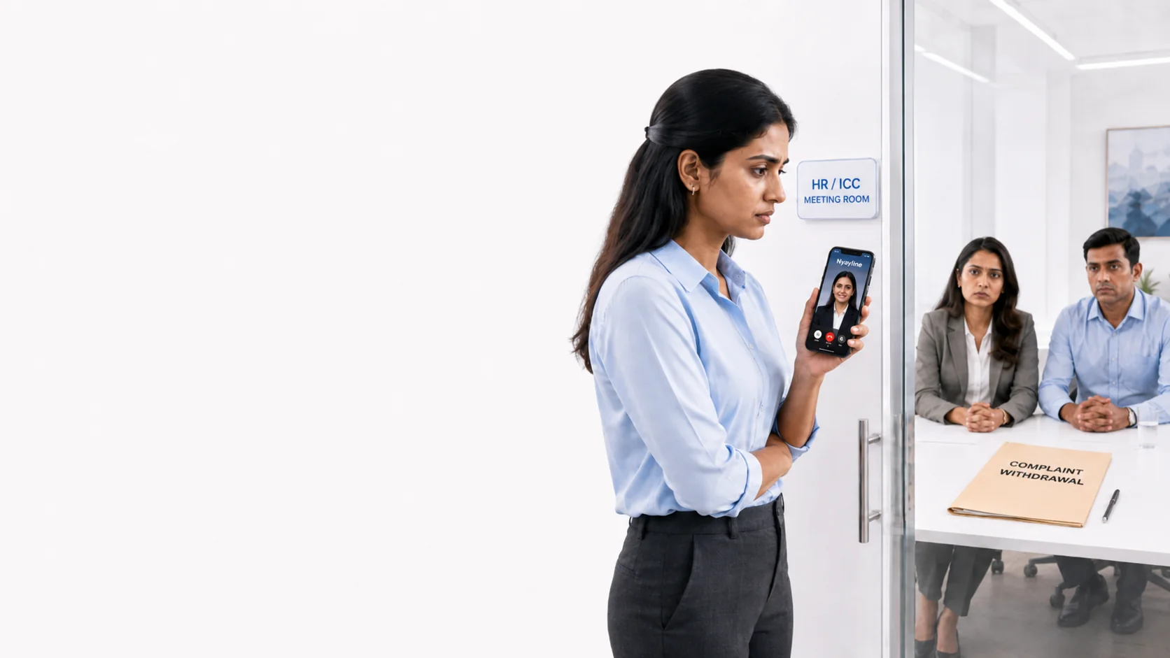 A woman video-calls a Nyayline lawyer outside an HR and ICC meeting about withdrawing a complaint.