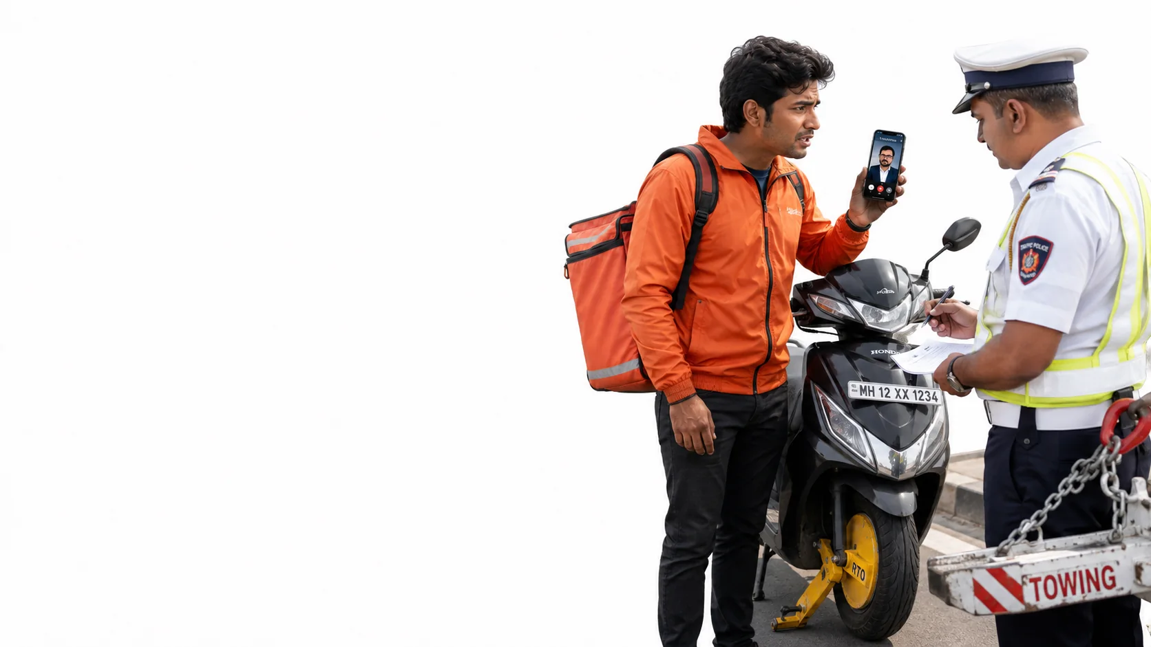 A delivery worker video-calls a Nyayline lawyer while an RTO officer prepares to seize his bike.